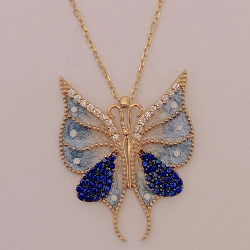 🦋 Butterfly necklace 925 silver sapphire blue cz 18k yellow gold plated